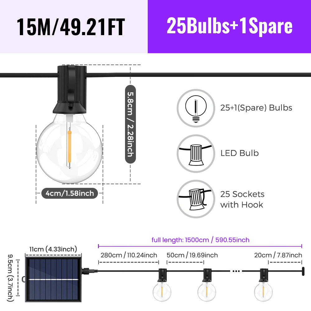Cadena Solar para exteriores, luces y control remoto para Patio G40, cargador USB, 8 modos de luz, bombillas inastillables, lámpara colgante resistente a la intemperie: Soleado amarillo