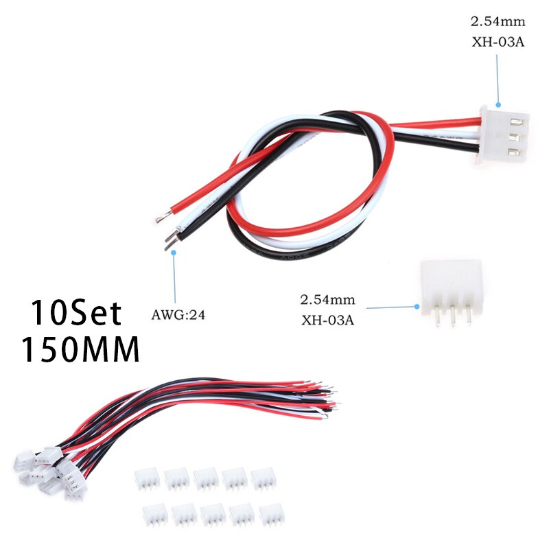 2/10Sets Mini Micro 2/3/4 Pin XH Connector Plug 2.54mm Met 24AWG Draden kabels Dupont Terminals Adapter 100/150mm: 10Sets 3Pin 24AWG