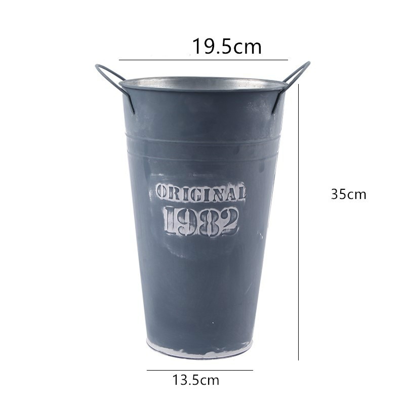 Retro White Flower Bucket Metal Flower Pot Floral Plants Iron Storage Container Garden Home Tabletop Decoration: grey 19.5 x 35cm
