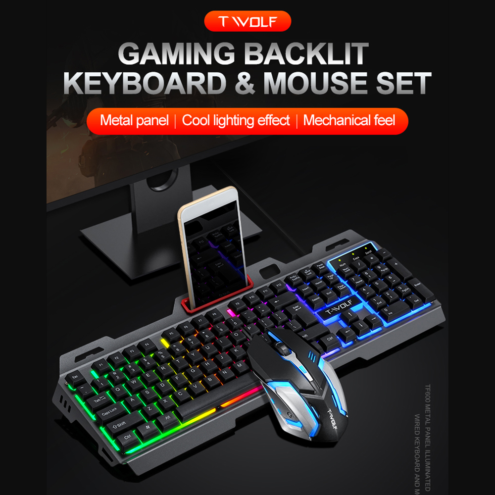 T-WOLF TF-600 Wired Keyboard Mouse Combo 104 Keys Metal Panel Gaming Keyboard Suspension Keycap 4-gear 2400DPI Mouse for Game
