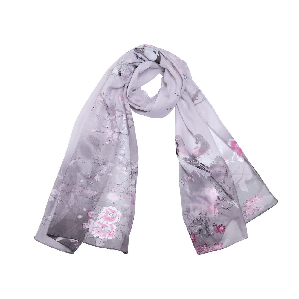 Women Silk Scarf Print Simulation Silk Scarf Bandana Long Soft Shawl Wrap Hijab Summer Sun Protection Scarves: Gray 2PCS