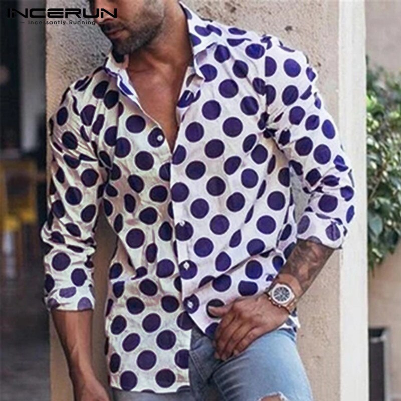 Herre afslappet skjorte polka dot revers hals street langærmet chic hawaiiske skjorter mænd camisa masculina incerun