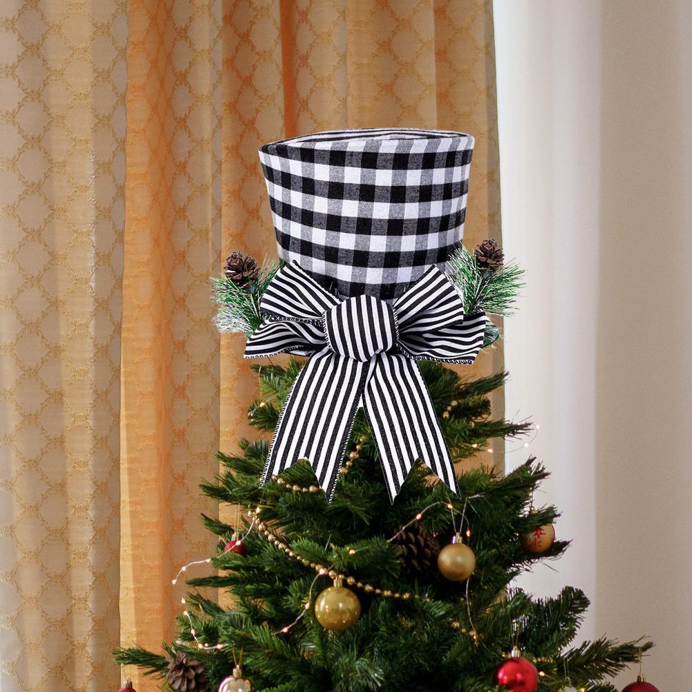Haut de sapin de noël en forme de bonhomme de neige, nœud décoratif à carreaux noirs, ornements de bureau pour noël, 102x102x79