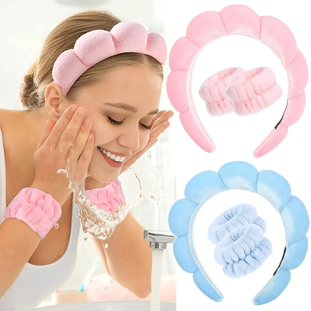 Spa Headband for Washing Face Wristband Set Sponge Makeup Skincare Headband Wrist Towels Bubble Soft Get Ready Hairband for Wome