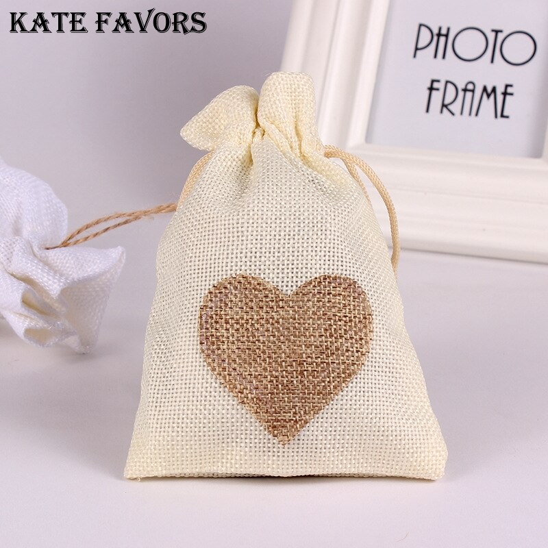 1 PC 10x14CM Hochzeit Taschen Schmuck Tasche modisch Weiß Natürliche Leinen Kordelzug Hochzeit Favor Taschen Beutel herz bilden