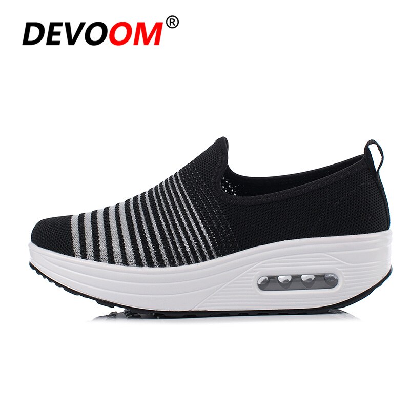 Platform Sneakers Women Slip on Slimming Fitness Shoes Summer Breathable Mesh Swing Air Cushion Sport Toning Shoes Woman: Black / 6