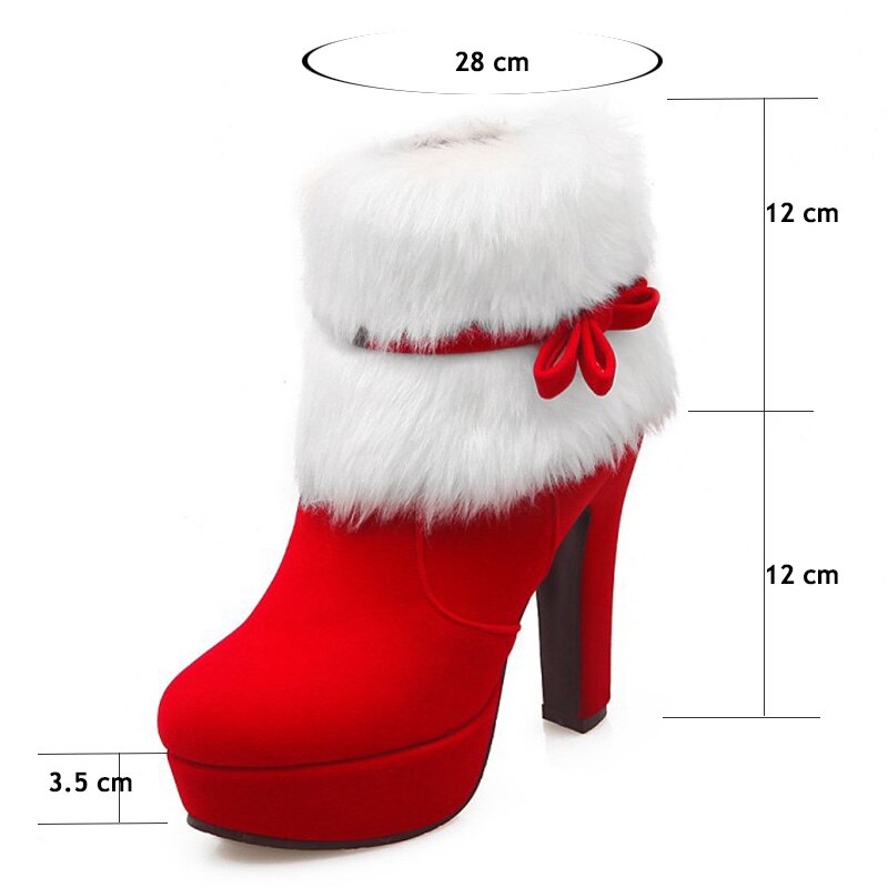 Vrouwen Enkellaarsjes Kerst Hoge Hakken Platform Schoenen Femme Winter Warm Bont Korte Laarzen Rood Zwart Dames Partij Schoenen Plus size