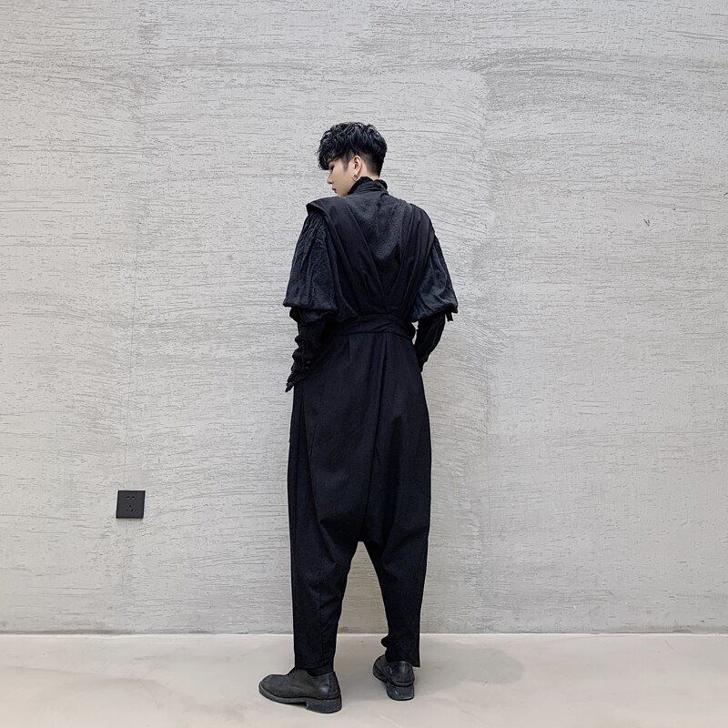 Japão homem moda feminina preto escuro streetstyle hip hop gótico tornozelo comprimento calças roupas de palco masculino solto casual harem bib pant