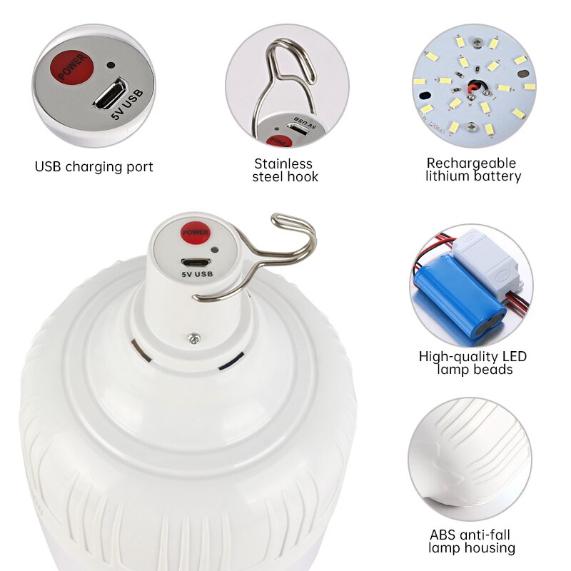 Bærbar utendørs pære usb oppladbar ledet nødlys telt lampe batterilanter bbq camping lys til uteplass / veranda / hage #