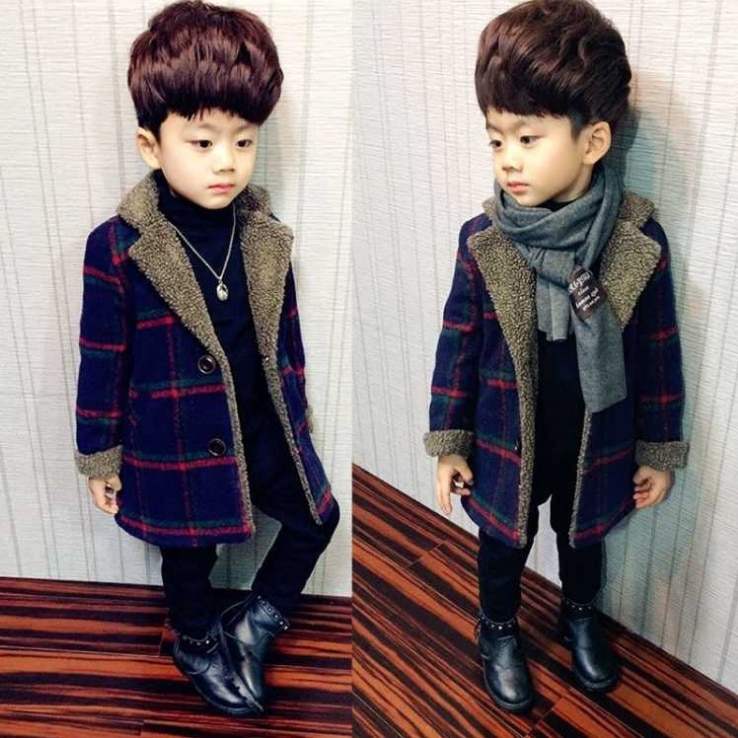 Meninos casacos de lã outono e inverno bebê meninos jaquetas longo acolchoado mais xadrez quente criança roupas casacos outerwear: 5 T