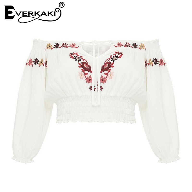 Everkaki Boho Floral broderie femmes Blouse hauts courts hors épaule à lacets Vintage gitane Top Blouses femme automne