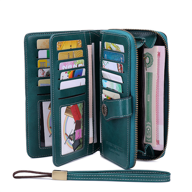 Vintage Ladies Long Leather Wallet Retro Natural Skin Zipper Coin Bag Card Holder Large Capacity Wallet For Girl
