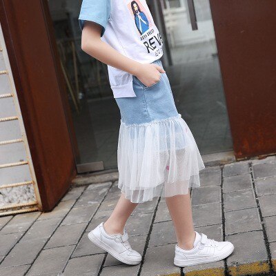 4 5 6 7 8 9 y piger nederdel koreansk denim mesh syninger børn pettiskirt afslappet elastik talje store piger nederdele sommer