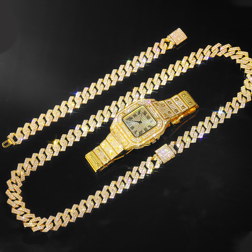 Goudkleurige Cubaanse kettinghorloge voor mannen, hiphop Miami Curb, Iced Out verharde strasssteentjes, bling rapper ketting, horloge + armband sieraden: 70 cm / Staal Kleur
