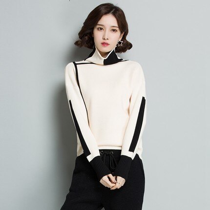 Vrouwen Geel Coltrui Winter Patchwork Trui Lange Mouw Gebreide Warme Dikke Truien En Pullovers Vrouwelijke Jumper Tricot Tops: beige / M
