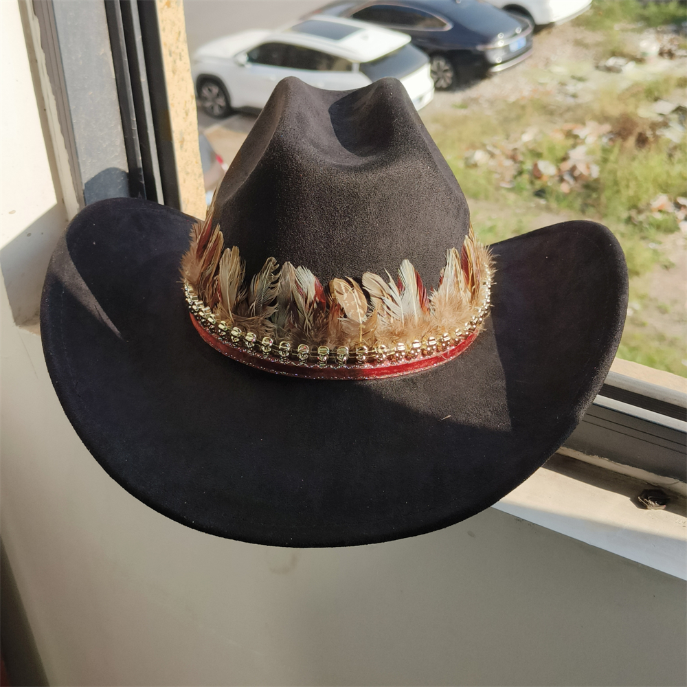 ethnic Vegan Suede Cowboy Hat wide brim feather Cowgirl hat party Western Cowboy hat Cattleman Style knight hat: Red