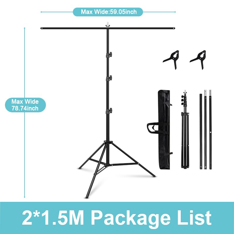 T Type Vorm Photo Studio Achtergrond Statief Ondersteuning Met Lente Clip Foto Achtergronden Voor Chroma Key Groen Scherm Fotografie: 2X1.5M kit