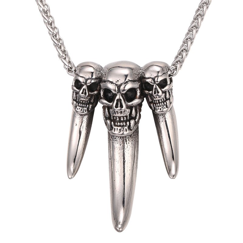 Starlord Punk Wolf Zahn Anhänger Halskette Edelstahl/Gold Farbe 3 Schädel Kopf Charme Amulett Männer Schmuck GP2458: rostfrei Stahl