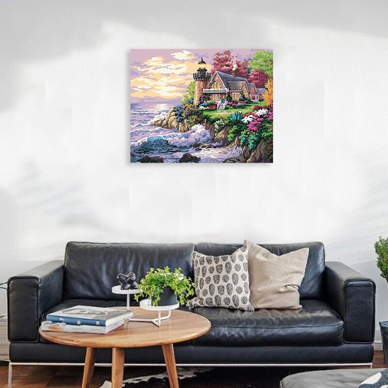 Paint By Numbers for Adults and Kids DIY Oil Painting Pre-Printed Canvas Art Home Decoration -Spring Lighthouse