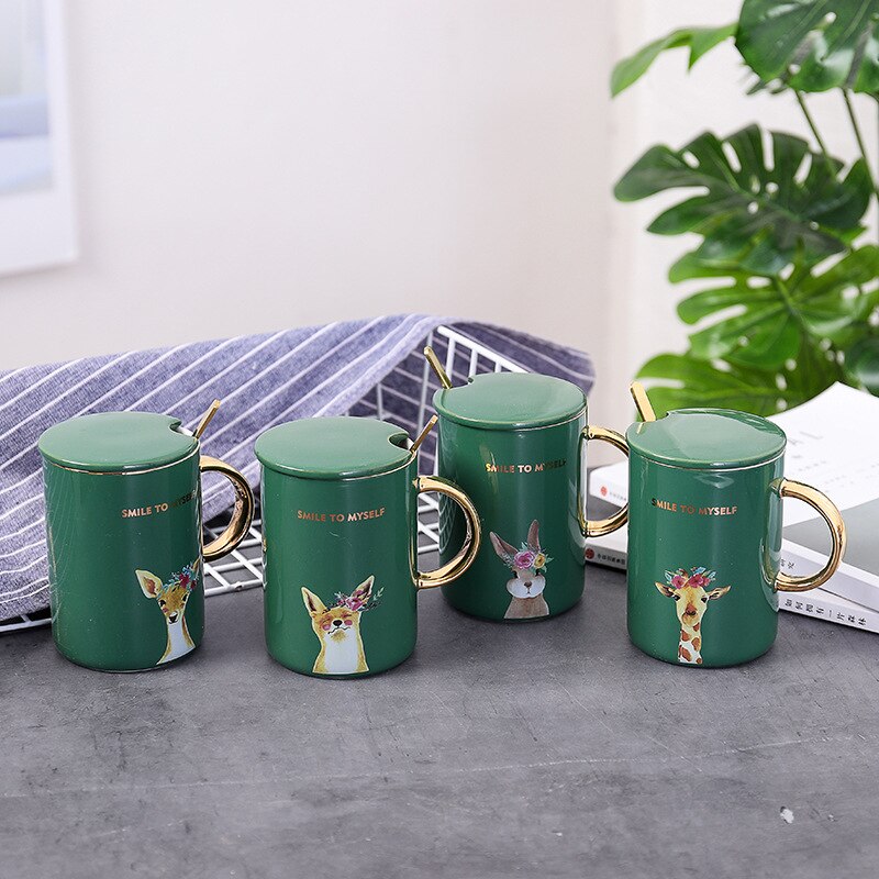 Guldgrønt hjorte mønster krus med ske låg, kontor business te krus drinkware krus, personlighed keramisk kaffekop