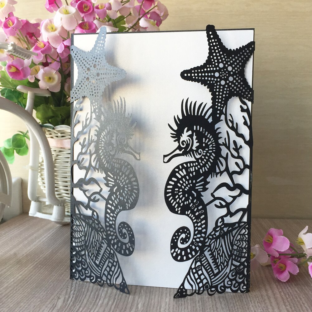 1Pcs Glossy Paper Beach Theme Wedding Party Invitations Cards Seahorse Wedding Cards Bridal Shower Invitation Wedding Supplies