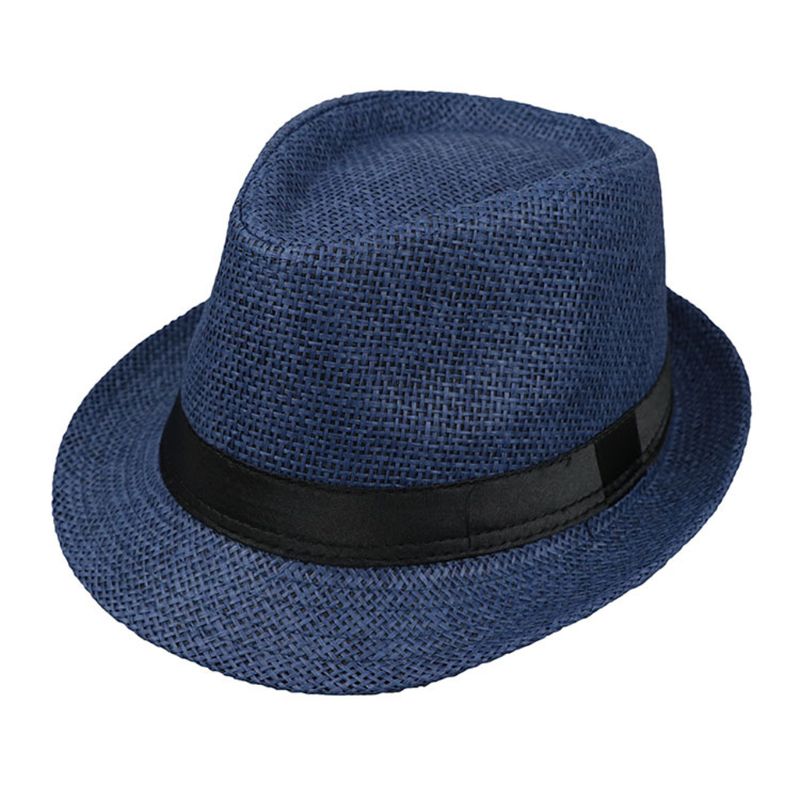 Bambini bambini estate spiaggia cappello di paglia Jazz Panama Trilby cappello Fedora Gangster cappelli traspiranti all&#39;aperto ragazze ragazzi cappello da sole: Navy blue H