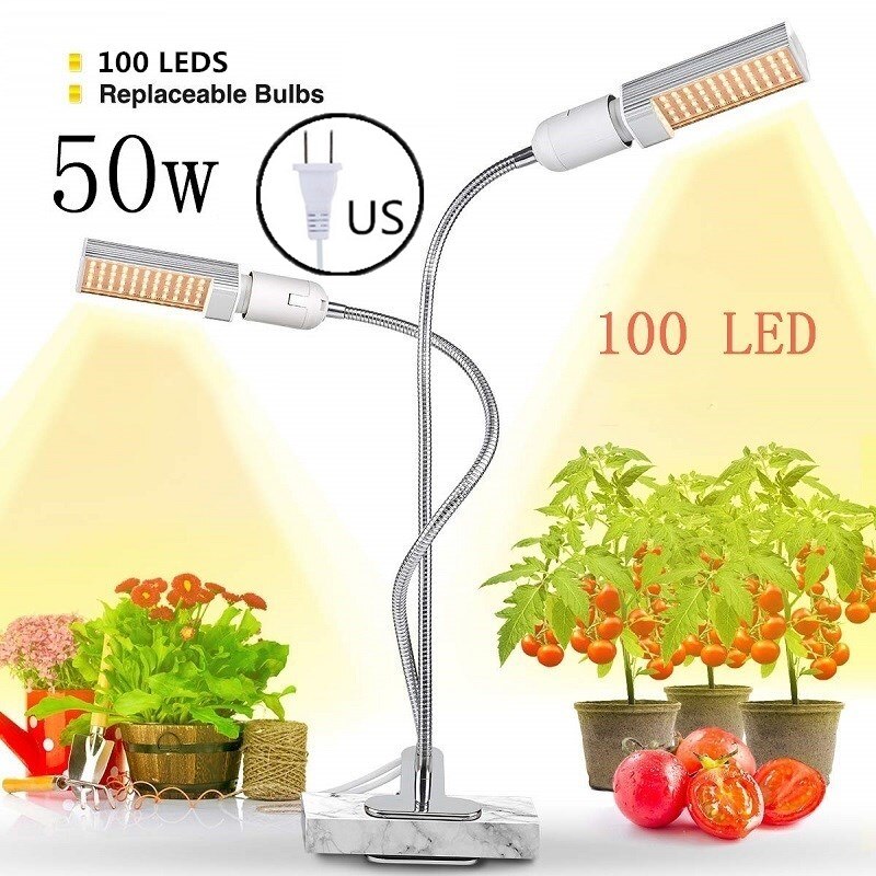 LED Plant Grow Lights Sunlike Full Spectrum 45W 50W 60W E27 Dual Head Flexible Gooseneck for Greenhouse flower Phyto lamp EU/US: 50W with US Plug