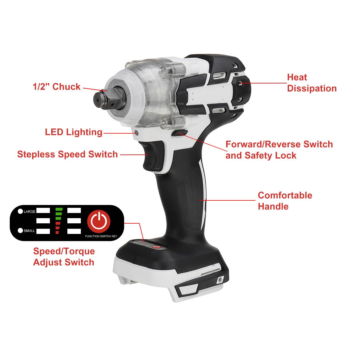 Drillpro Brushless Cordless Electric Impact Wrench Impact Drill 1/2" Rechargeable Wrench Power Tools with 18V Makita Battery