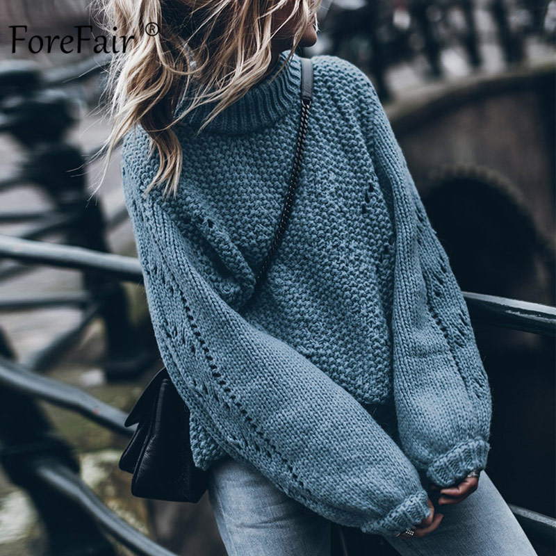 Forefair solid overdimensjonert vintage strikket genser dame vintergenser tilfeldig langermet damegenser