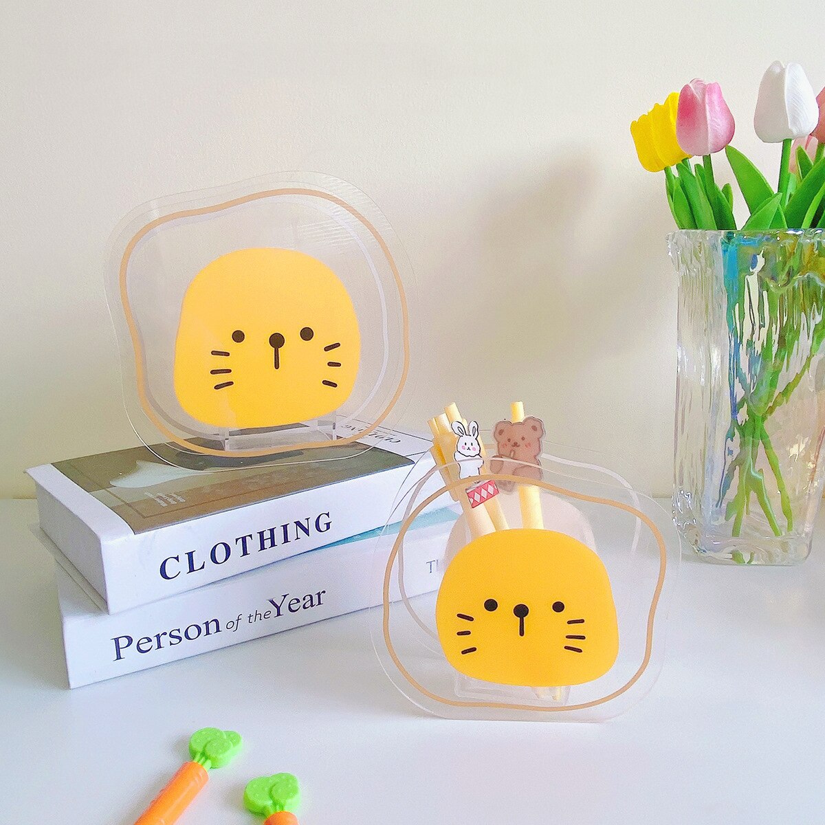 Kawaii Acrylic Pen Holder Desktop Organizer Cute Bear Flower Office Stationery Cosmetics Transparent Storage Box