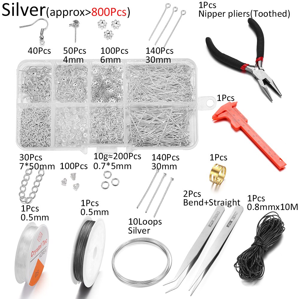 800 Stks/partij Sieraden Maken Kits Oorhaak Jump Ringen Oorbel Haak Gesp Pins Reparatie Tools Voor Diy Sieraden Maken Bevindingen set: silver