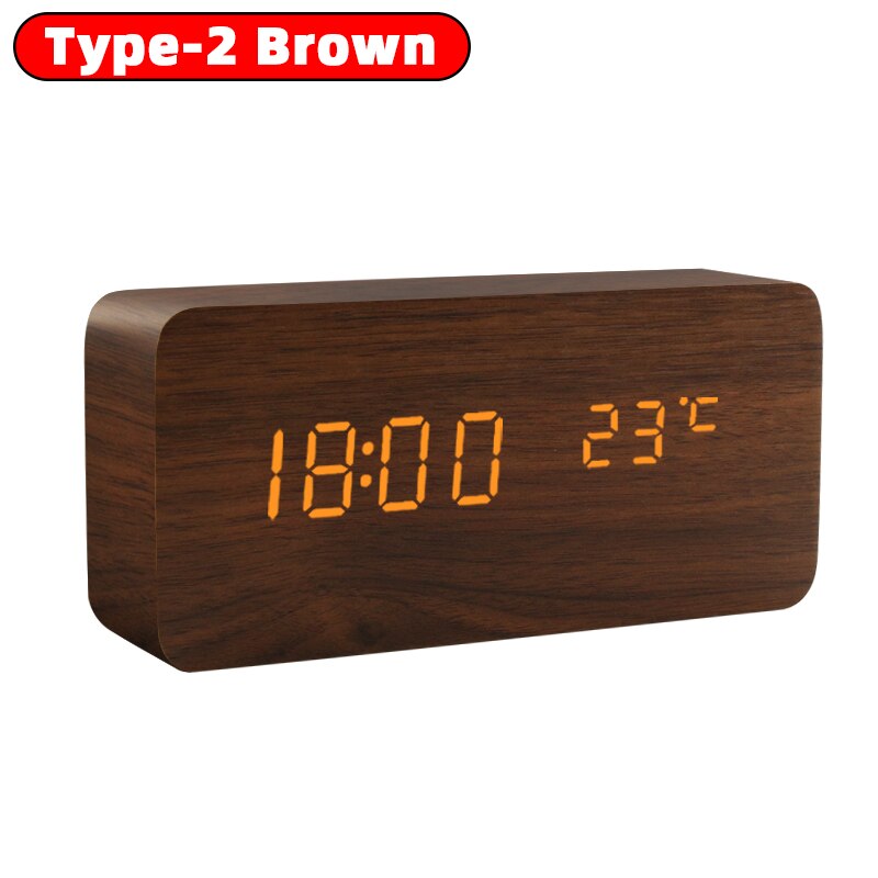 Wekker Tafel Klok Led Digitale Houten Usb/Aaa Aangedreven Bureauklok Temperatuur Vochtigheid Voice Control Elektronische Home Decor: type 2-brown