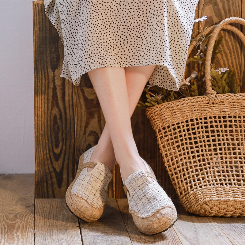 Zapatillas con tela transpirable de cáñamo con entramado de zapatos de lino para mujeres nuevos de primavera