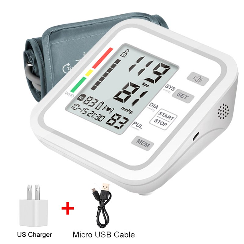 Digital Automatic Blood Pressure Monitor Upper Arm Automatic Cuff BP Machine &amp; Pulse Rate Monitoring Meter,Large LCD Display: Sound (US Charger)
