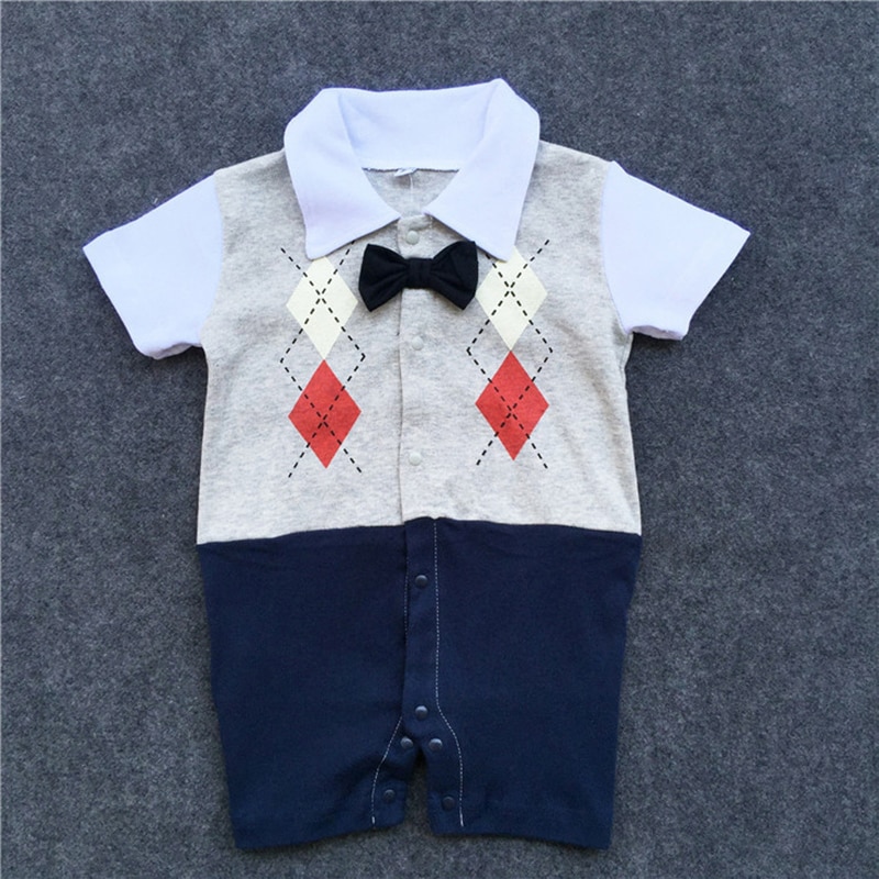 Baby Rompers Gentleman Short Sleeve Baby Boys Rompers with Bowknot Jumpsuit Newborn Clothes