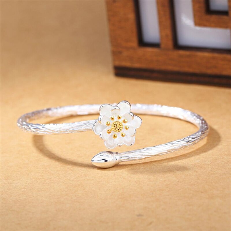 Sole Memory Lotus Cute Fresh Sweet Art 925 Sterling Silver Female Resizable Bangles SBR164