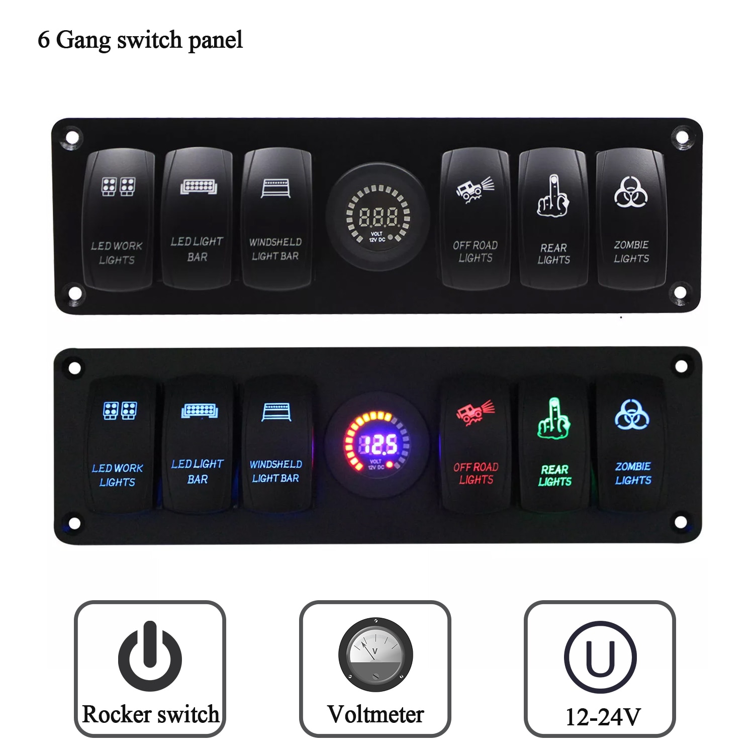 Farverige 12v 6 gang rocker switch panel afbryder led voltmeter rv bil marine båd switch panel led switch panel auto