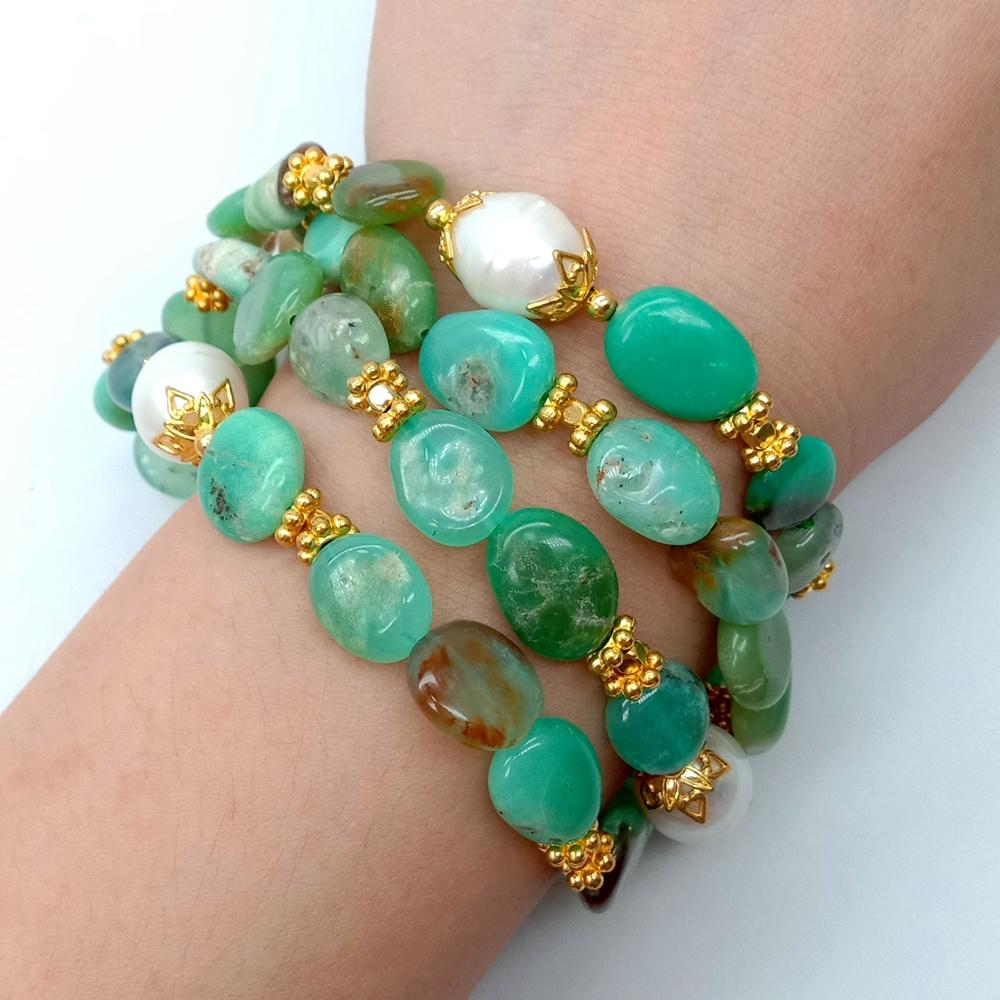 Y · Ying Natuurlijke 4 Strengen Groen Chrysopraas Nugget Gekweekte Witte Rijst Parel Armband 8.5 ''Voor Vrouwen