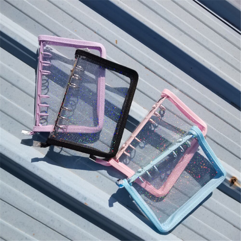 A5 A6 Loose-Leaf Notebook Cover Glitter Zipper PVC Notebook Korean Stationery Diary 6 Hole Binder Clip Notepad Office Planner