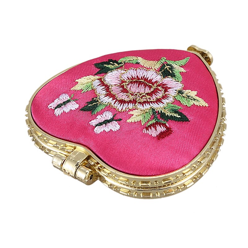 Hart Vorm Geborduurde Bloemen Mini Pocket Spiegel Make Up Cosmetica Rose Rood