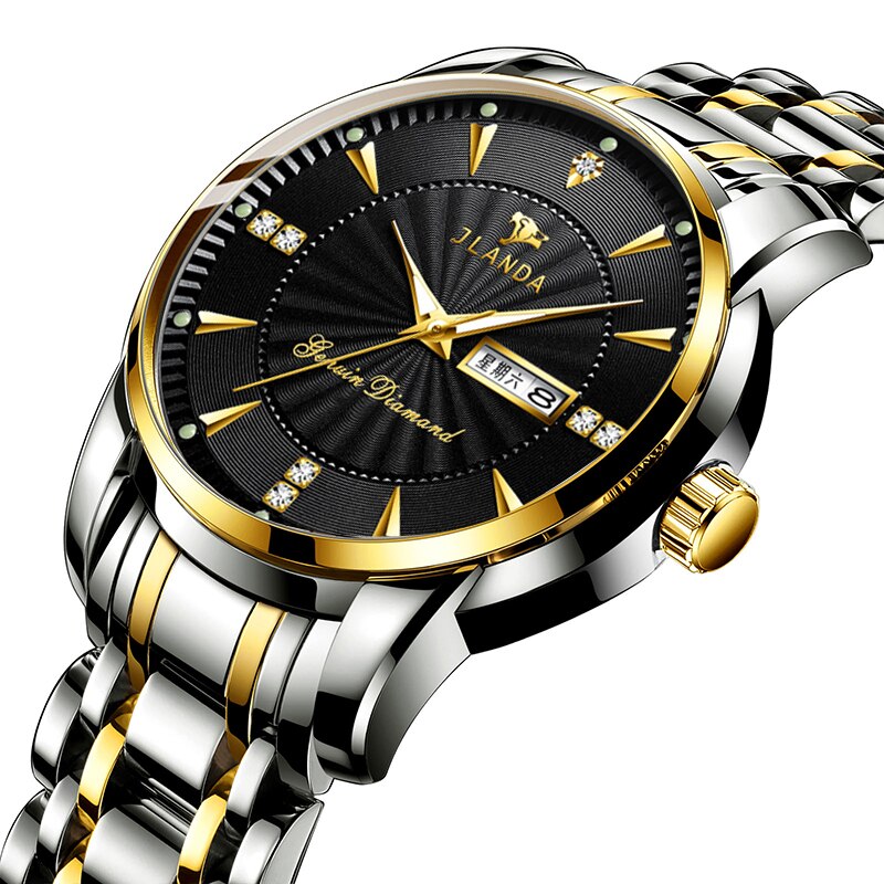 JLANDA-Reloj de pulsera de acero inoxidable para Hombre, Reloj de lujo clásico, de negocios, con fecha y semana, de cuarzo: Black Gold