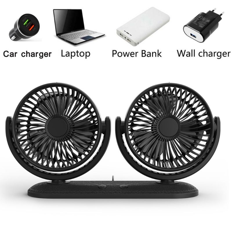USB 5V 2A Fan Drehbare Dual Kopf Auto Fan Einstellbare 3 Geschwindigkeiten Armaturenbrett Schreibtisch Auto Fan für Fahrzeug Lkw Lieferwagen SUV RV Stiefel