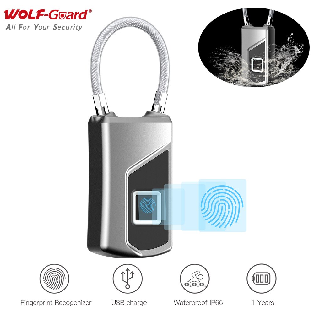 Wolf-Guard Smart Keyless serrure de sac d'empreintes digitales multifonctionnel IP66 étanche antivol cadenas USB charge pour porte/valise