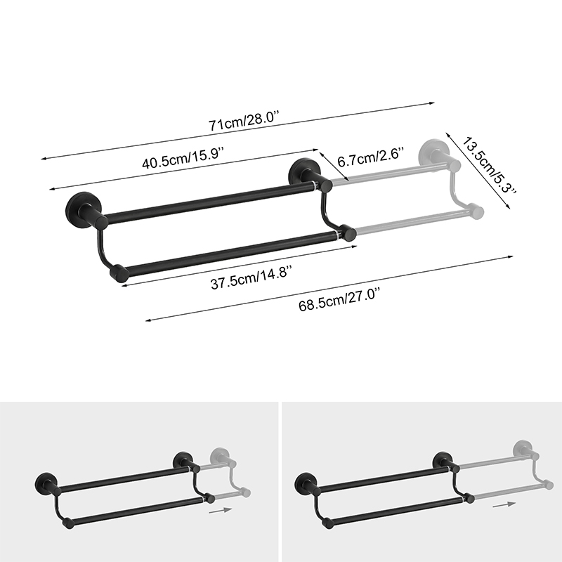 Baderom uttrekkbar håndklestang dobbel svart, krom håndklestativ forlenget tørkehåndklehenger gull, nikkel  el81024d
