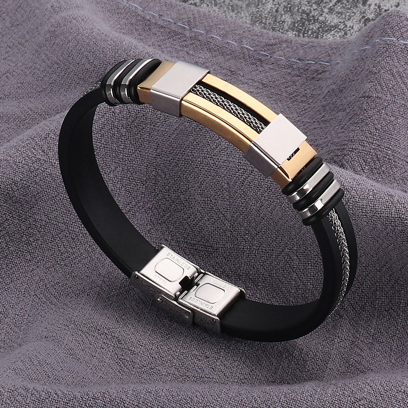 Stainless Steel Silicone Bracelet Men's Charm Metal Folding Buckle Bracelet Trend Jewelry: A21153-Gold