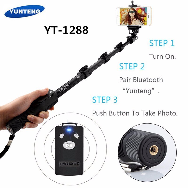 Originalt mærke yunteng 1288 selfiesticks håndholdt monopod + telefonholder + bluetooth lukker til iphone gopro kamera