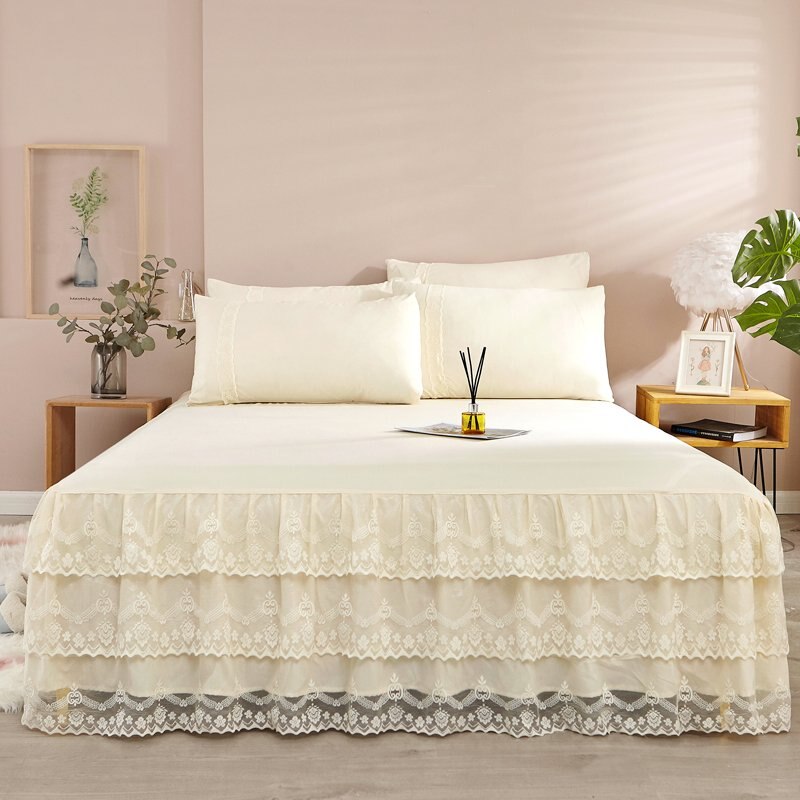 3 stk/sæt pink beige romantisk prinsesse sengeskørt trelags blonde sengetøj madrasbetræk dobbelt enkelt boligtekstil 1.5/1.8/2m: Beige / 200 by 220cm 3 stk