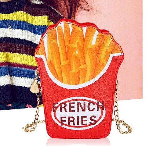 Style Woman Hamburger Ice Cream shoulder bags Cupcake PU Chains bags Cute Hamburger Popcorn Fries 3D Messenger Bags: Fries