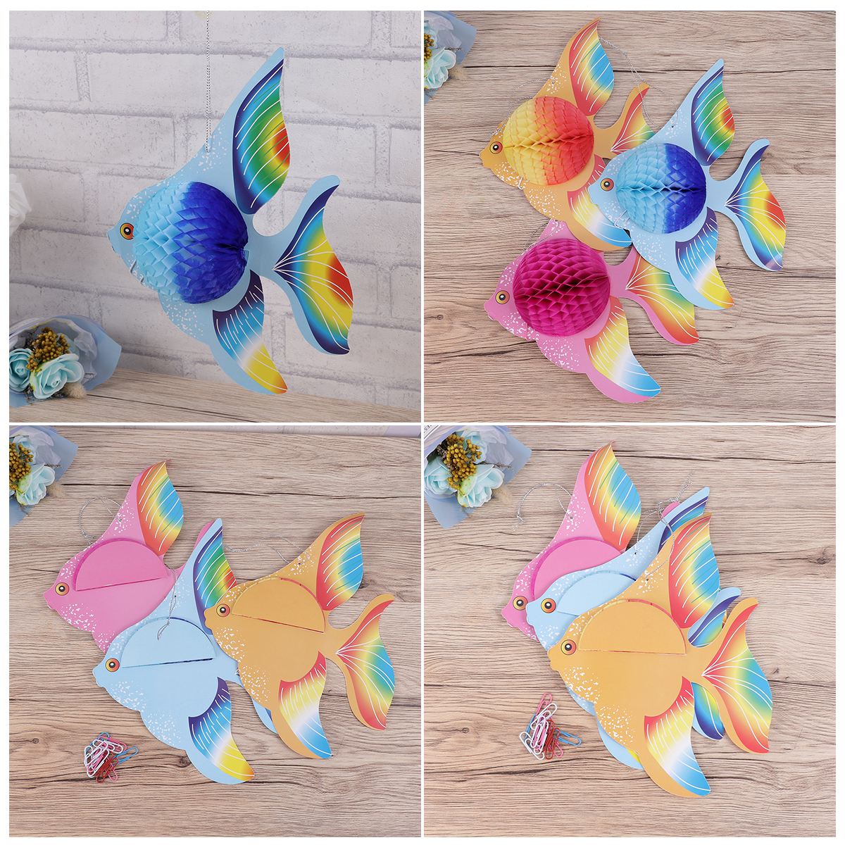 Papel tisú colorido de 6/12 Uds., pez dorado, decoración de pescado Tropical plegable, adornos colgantes, suministros para (dorado + Rosa + azul)