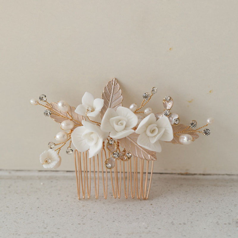 SLBRIDAL Handmade Alloy Leaf Rhinestone Ceram Flower słodkowodne perły ślubny grzebień do włosów ślubne akcesoria do włosów kobiety biżuteria: 1086 Gold